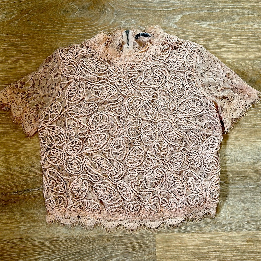 Zara Apricot Floral Lace & Rope Short Sleeve Top